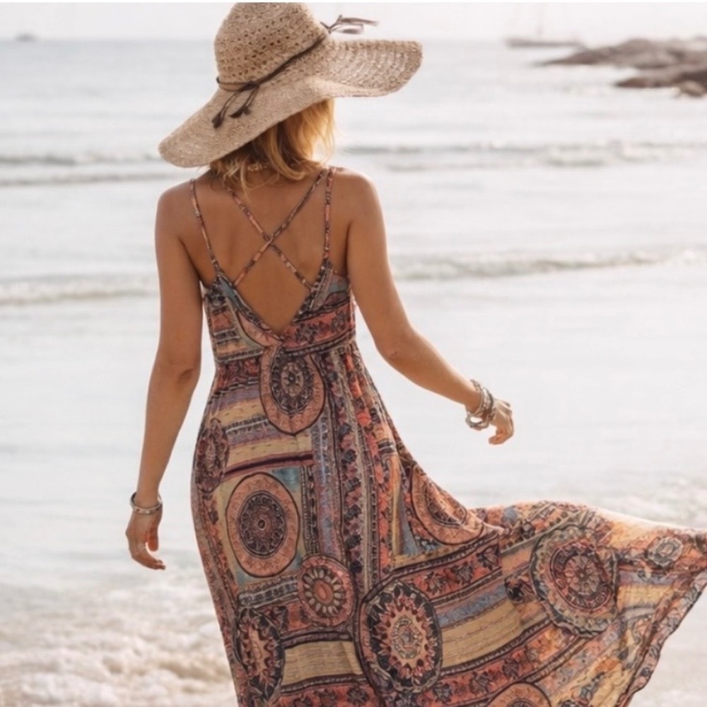 Lulus Maxi Dress‎ Boho Paisley Print Strappy V Neck Sundress XL Tall Boho Indie
